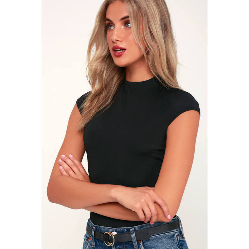 Lulus Basics Sleek Style Black Funnel Neck Bodysuit - Size L